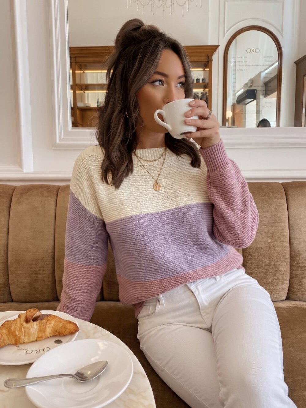 Women's Pastel Colorblock Drop Shoulder Sweater Long Sleeve Casual Knit